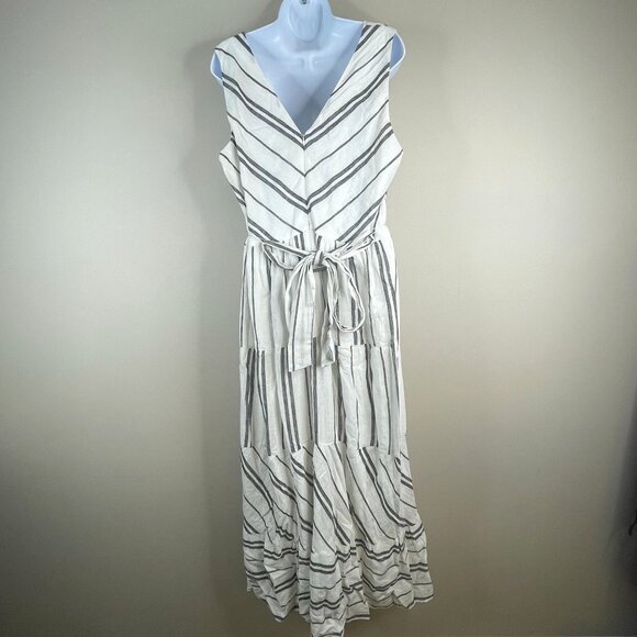 DKNY Women Beachy Linen Blend Midi Dress 14 White Black Stripe Belted Sleeveless - Picture 2 of 9